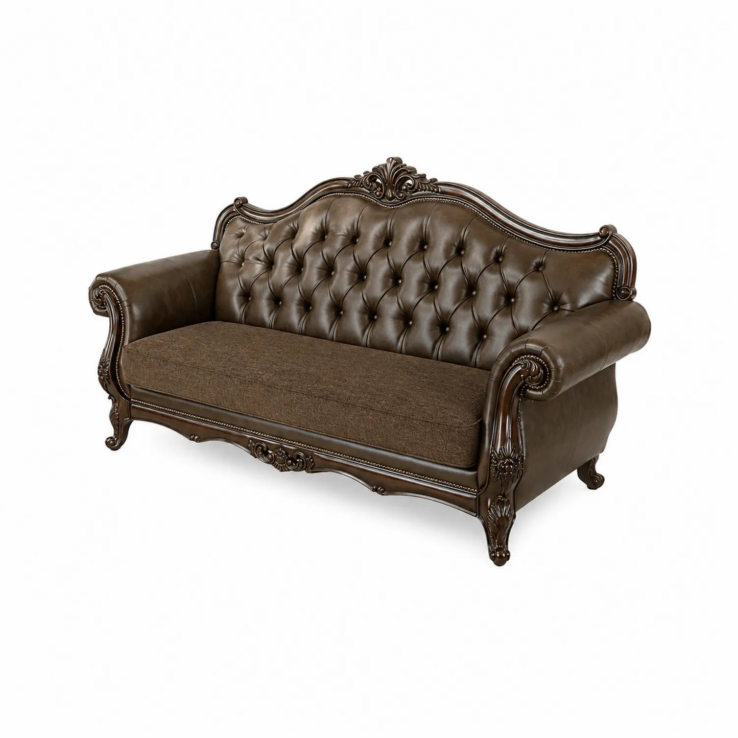 Divano in pelle marrone con dettagli in legno