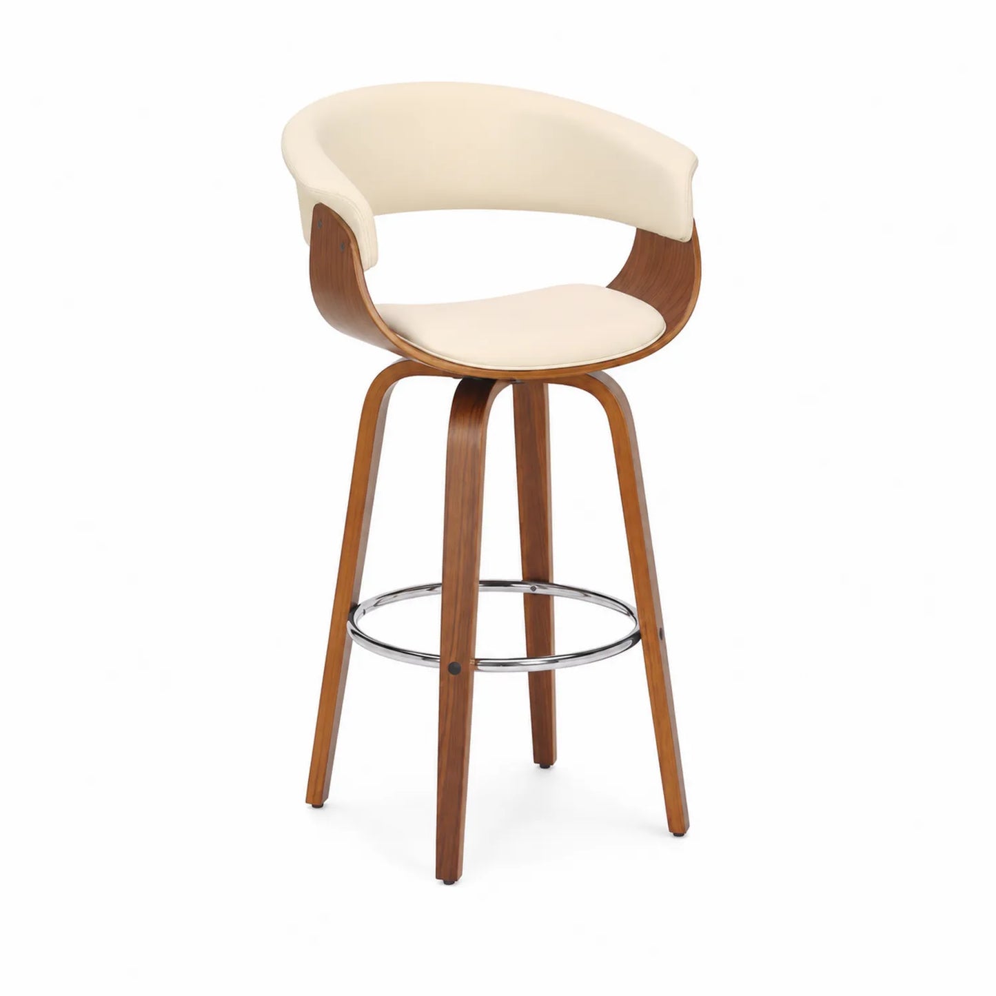 Sgabello da bar in legno con rivestimento in pelle sintetica crema