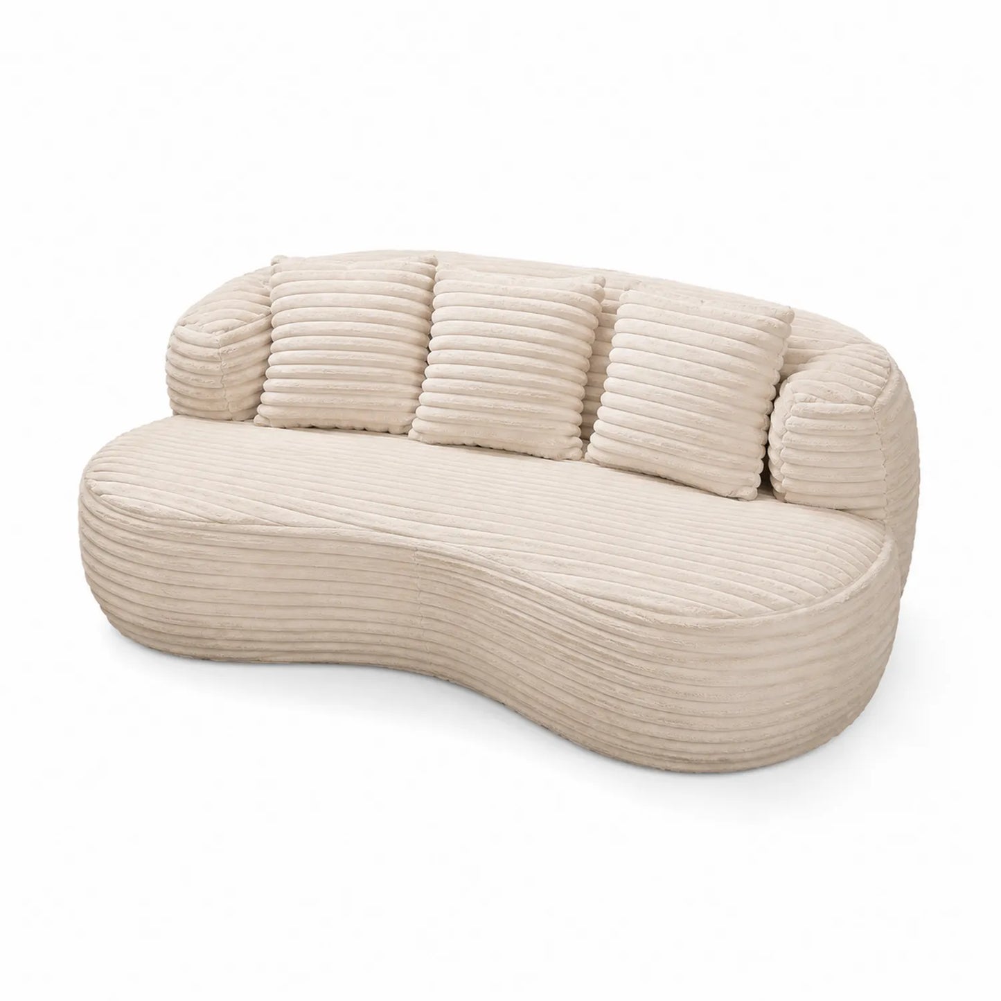 Divano curvo in velluto a coste beige con cuscini
