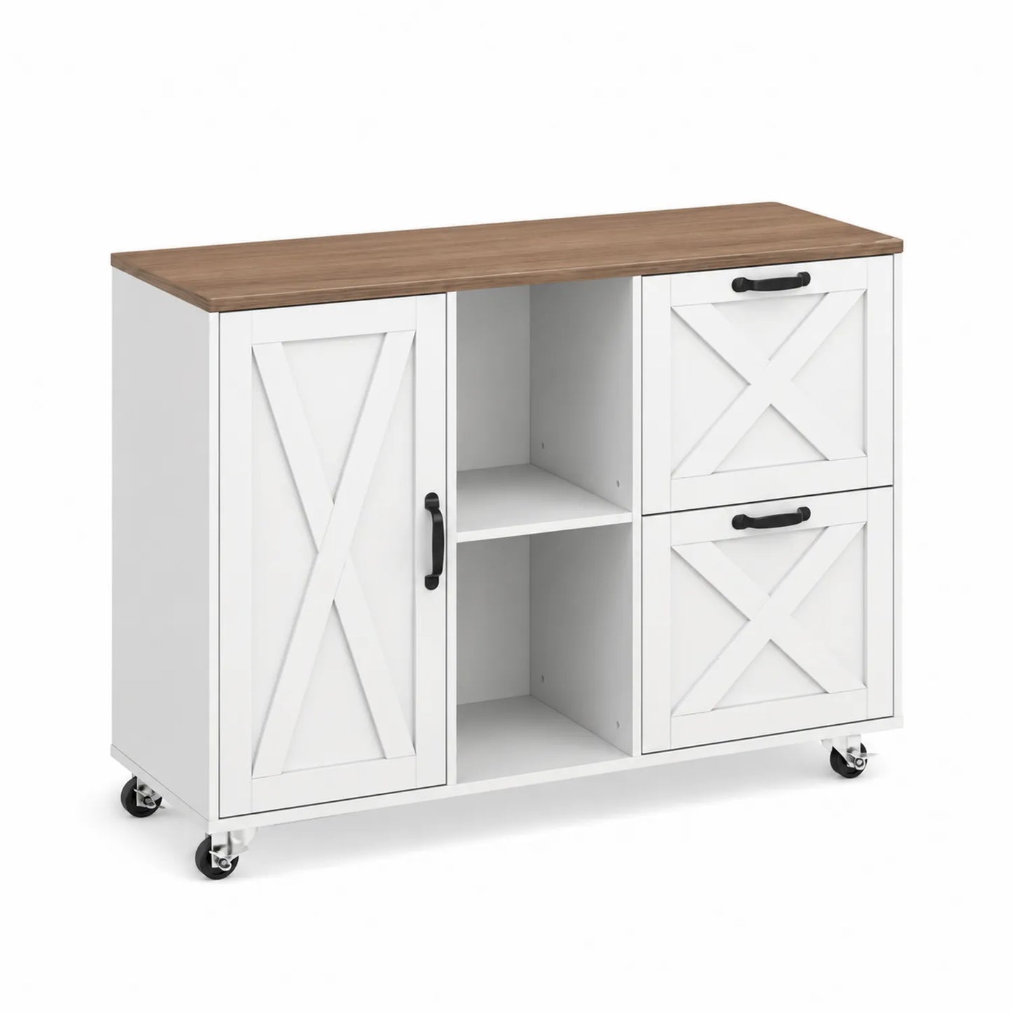 Credenza in MDF bianca con ripiano in legno e ruote