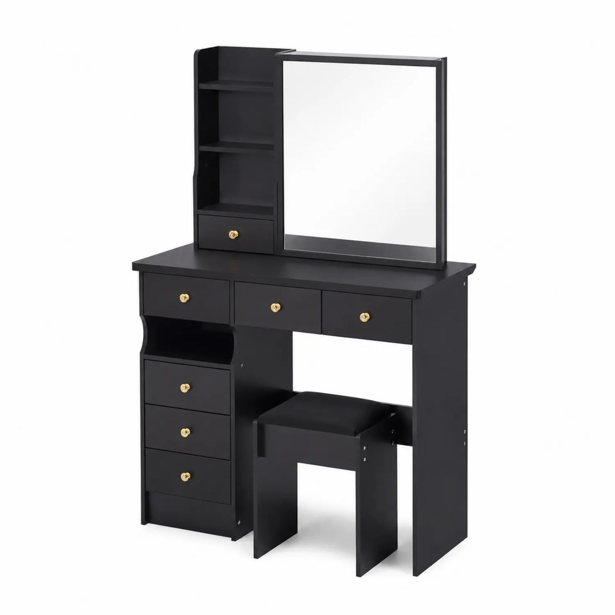 Toeletta con Specchio e Sgabello in Legno Nero