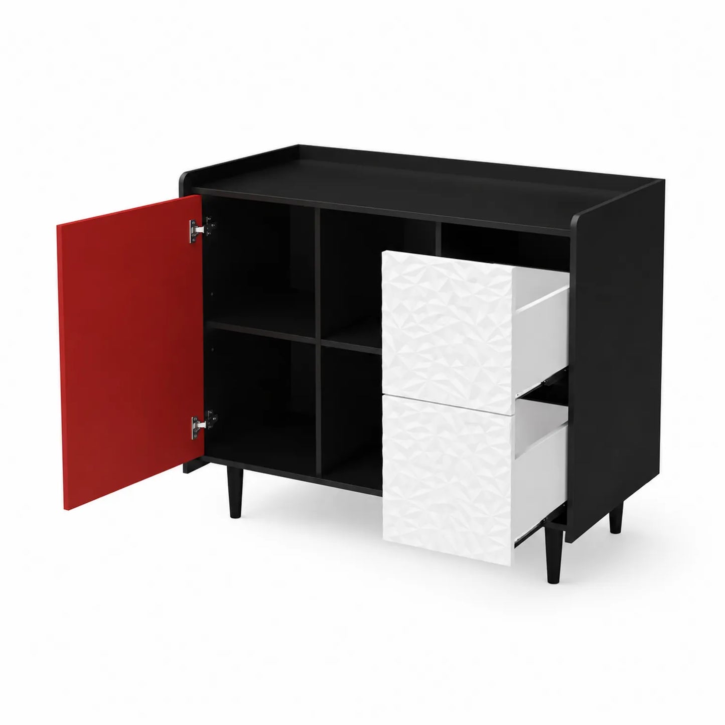 Credenza in Legno MDF con Ante Rosse e Cassetti Bianchi