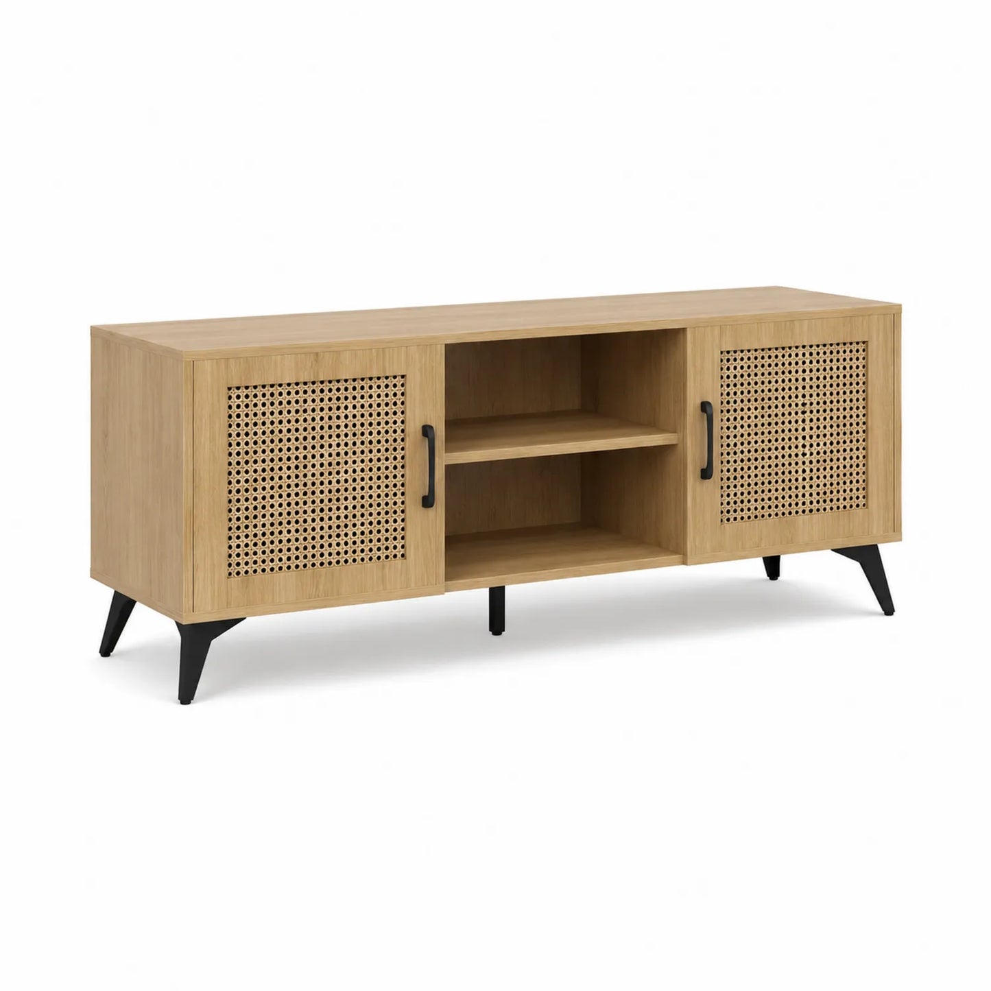 Mobile TV in Legno MDF con Sportelli in Rattan e Gambe in Metallo 150x40x50 cm