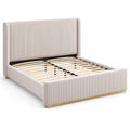 Letto matrimoniale in tessuto a coste beige con struttura in legno di betulla