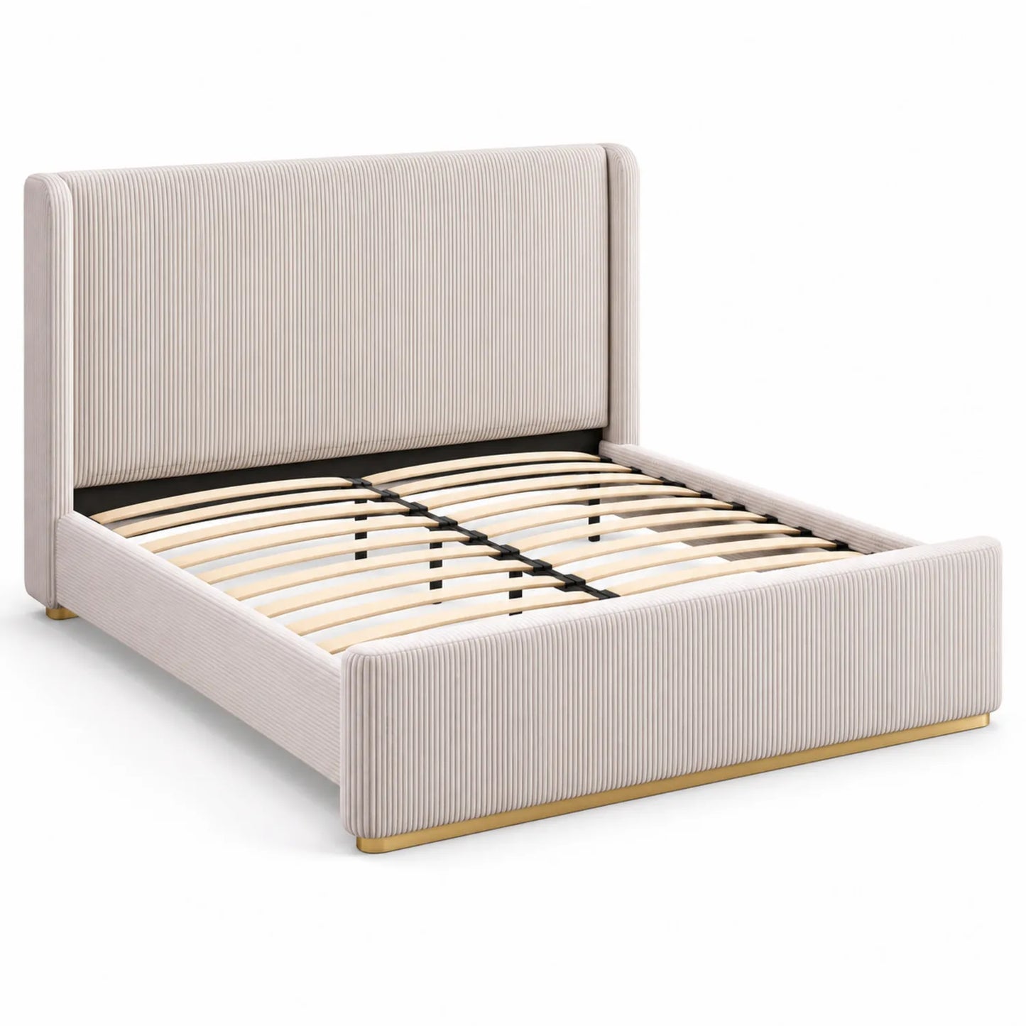 Letto matrimoniale in tessuto a coste beige con struttura in legno di betulla
