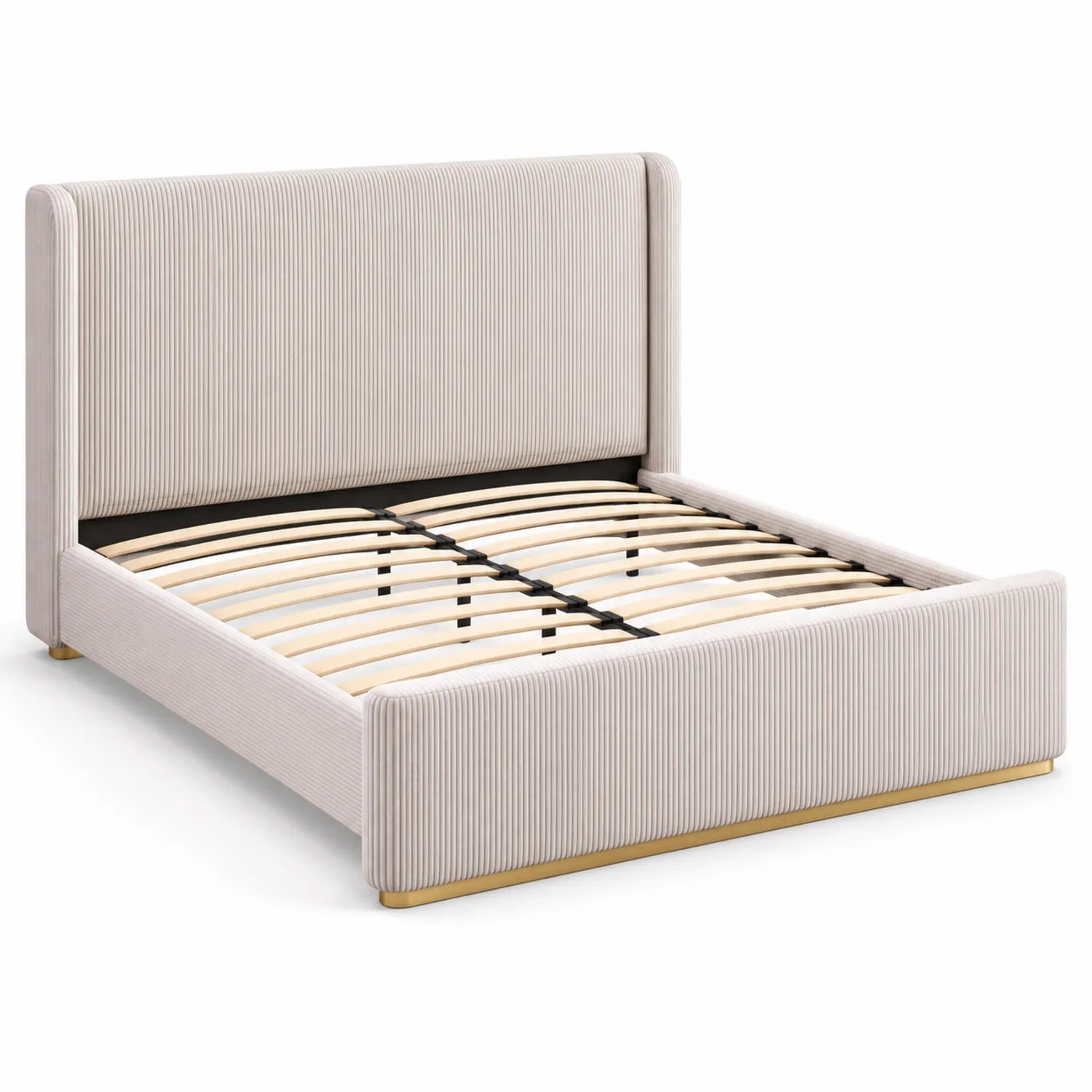 Letto matrimoniale in tessuto a coste beige con struttura in legno di betulla