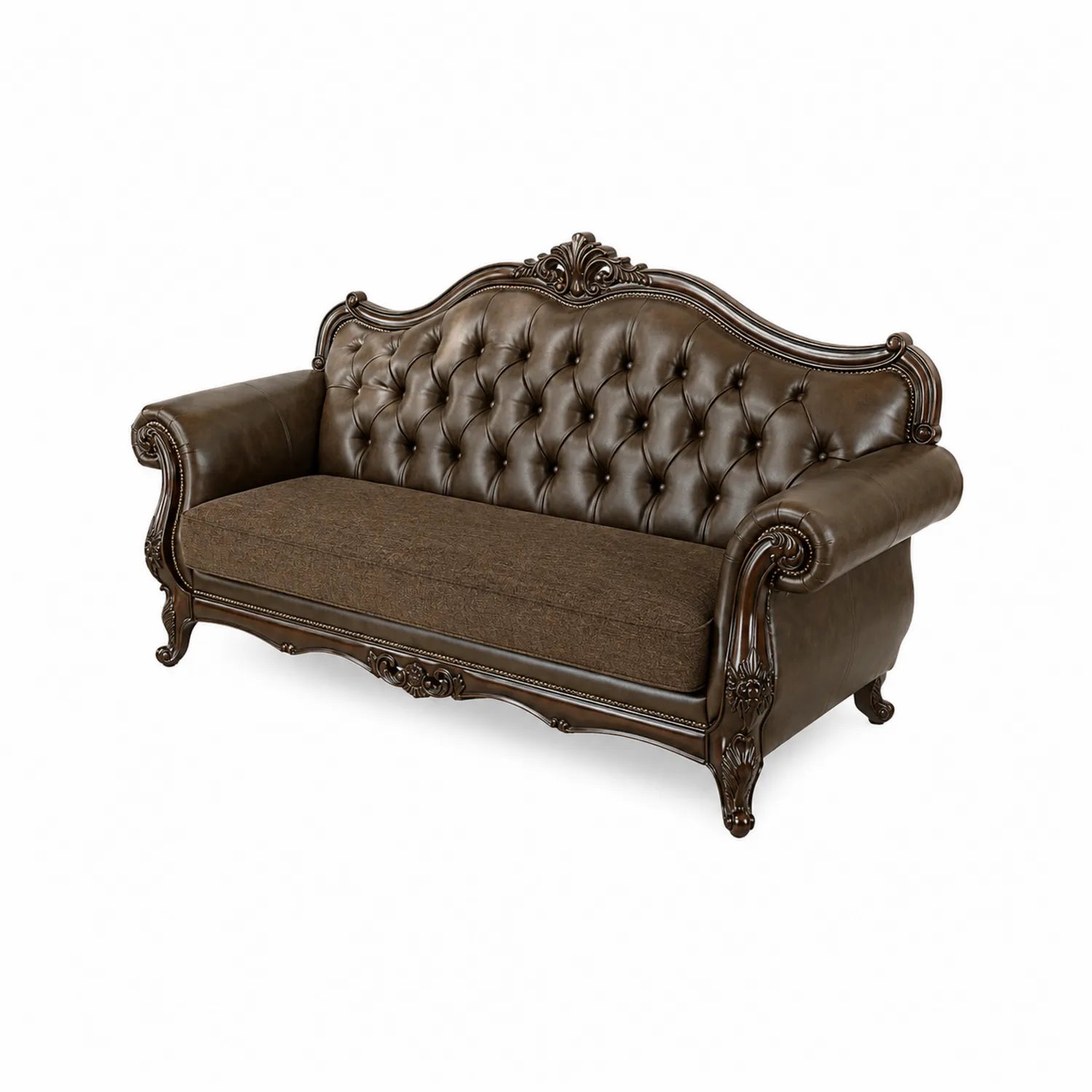 Divano in pelle marrone con dettagli in legno