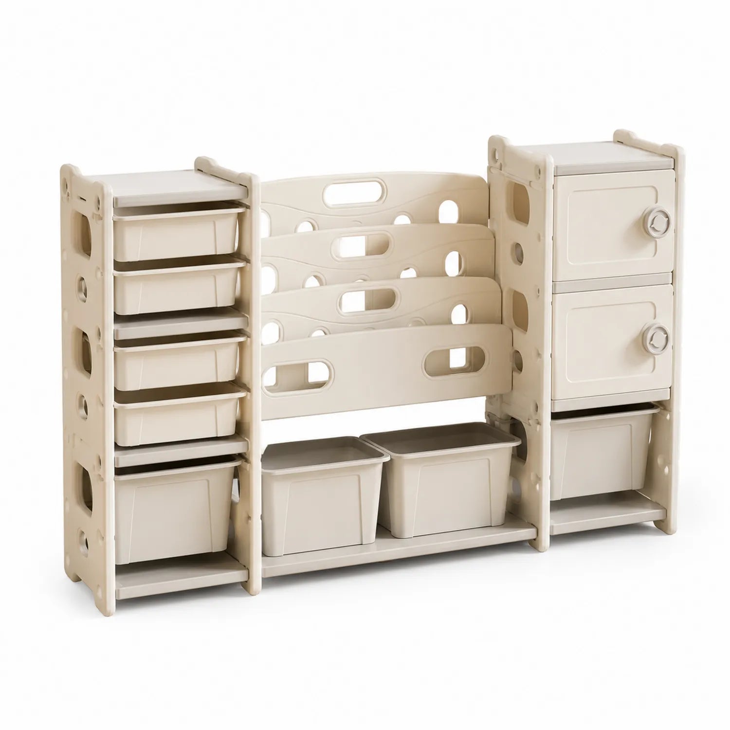 Scaffale in plastica con cassetti e armadietti