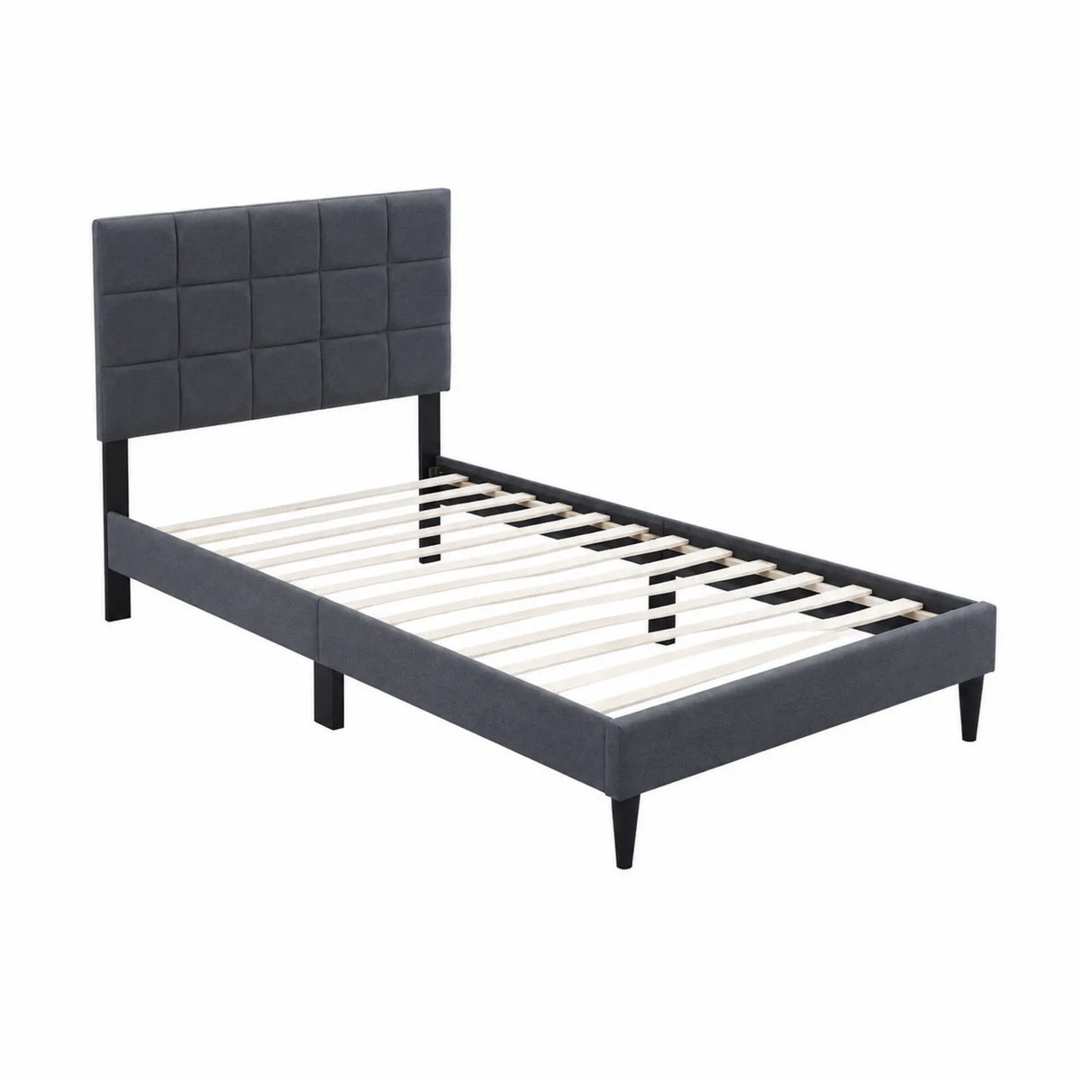 Letto singolo in tessuto grigio con struttura in legno