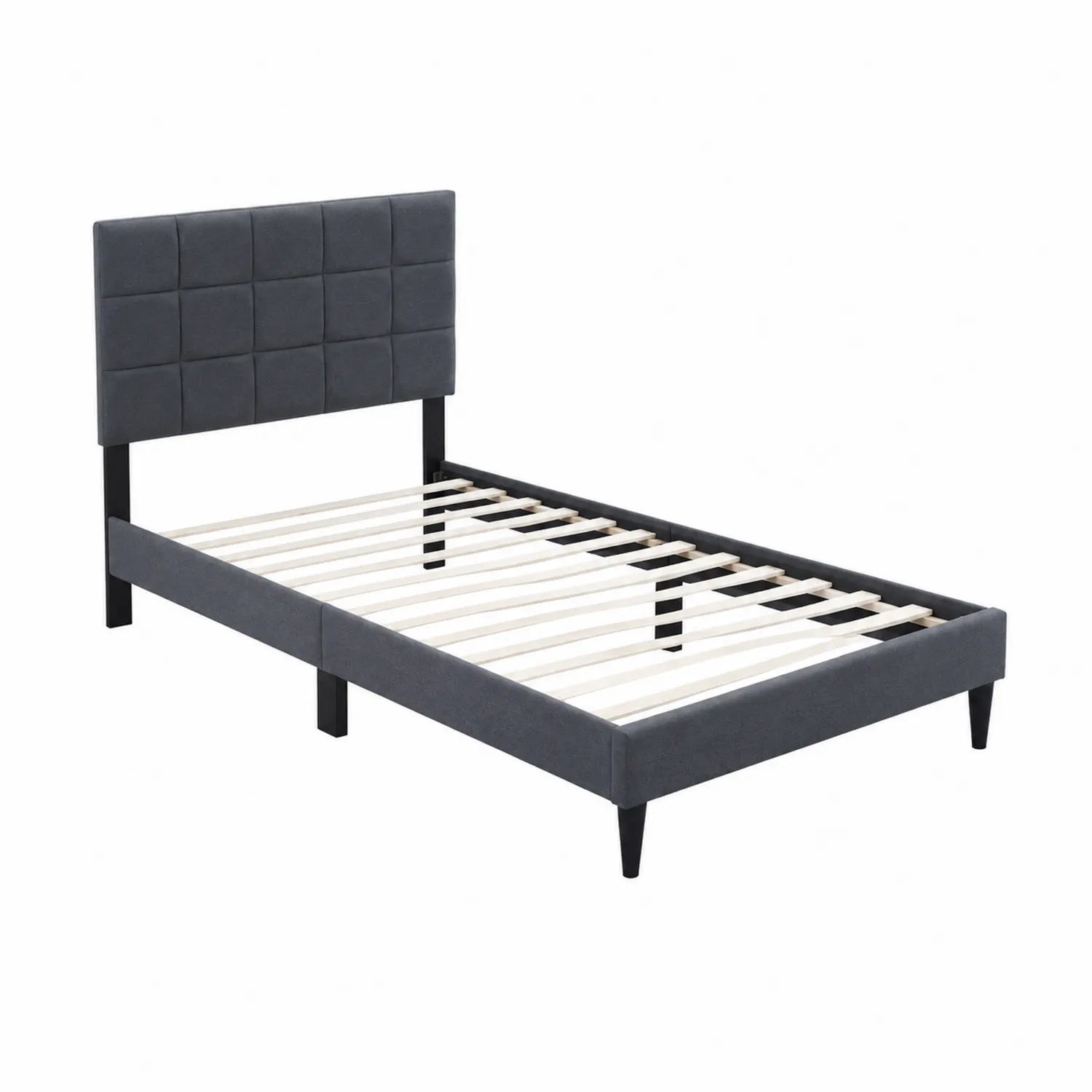 Letto singolo in tessuto grigio con struttura in legno