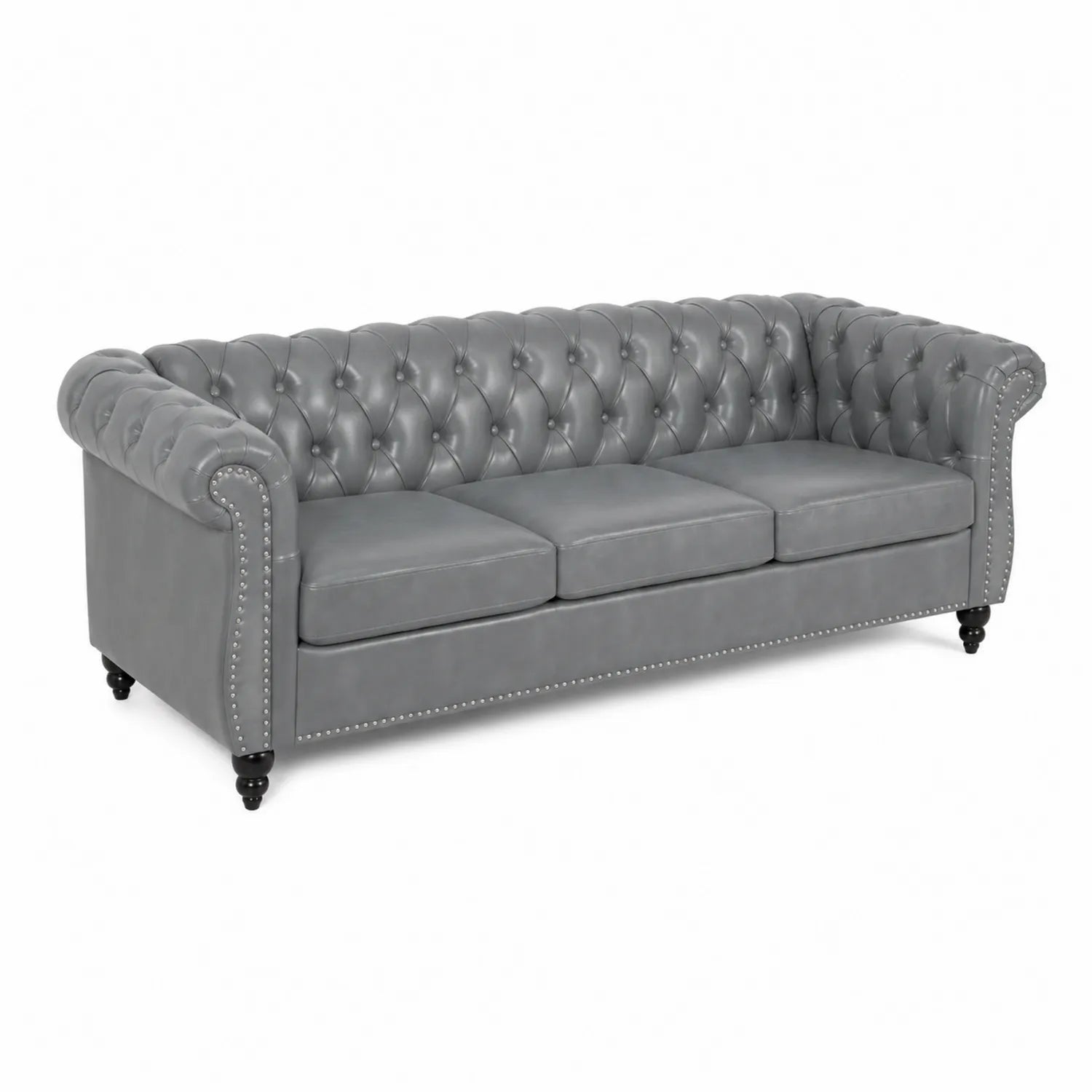 Divano Chesterfield Grigio 3 Posti in Pelle Sintetica