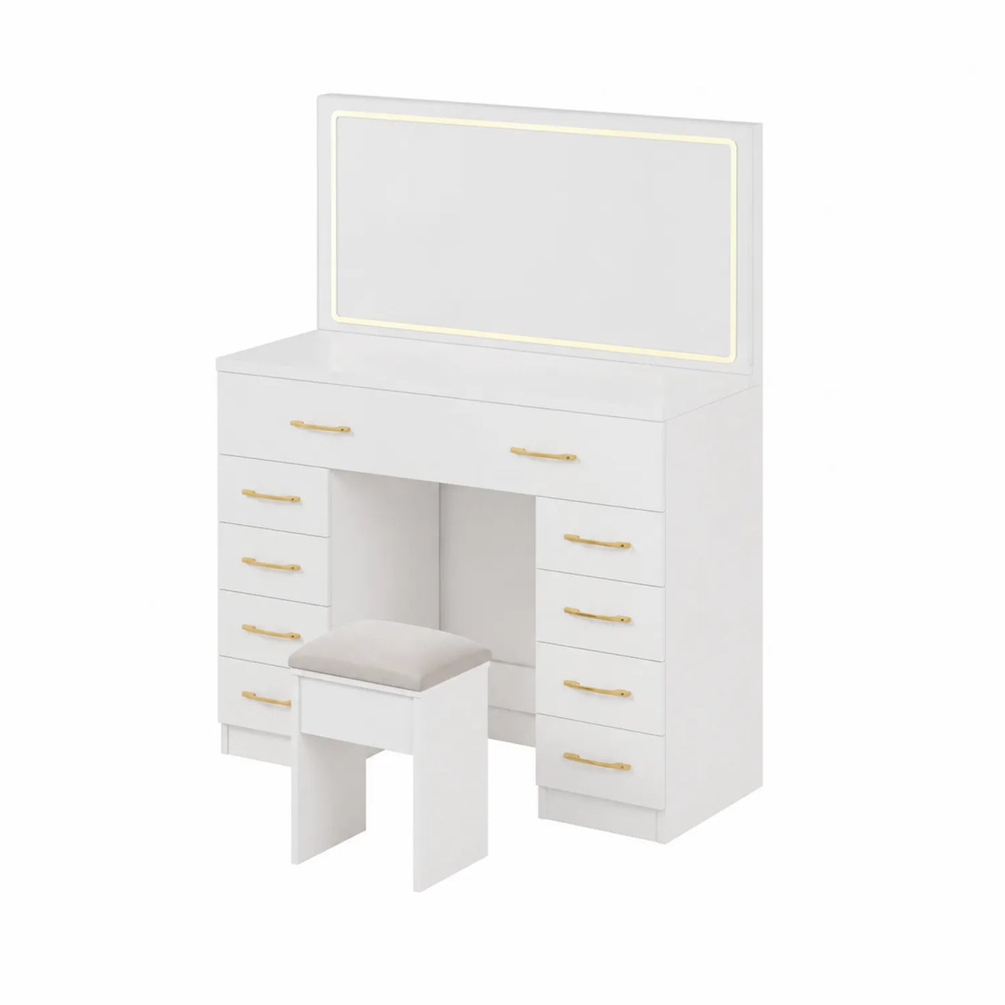 Toeletta con Specchio e Sgabello in MDF Bianco con Maniglie Oro