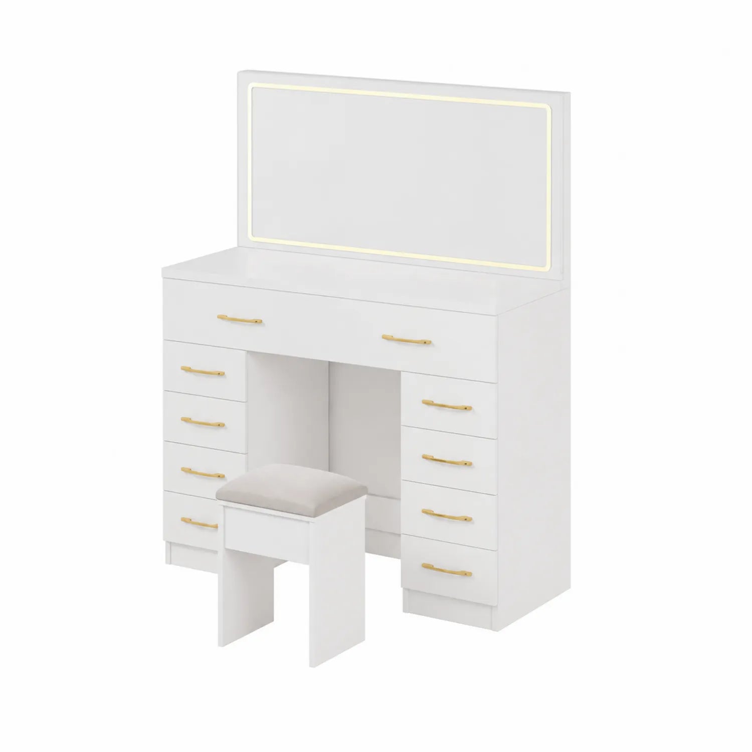 Toeletta con Specchio e Sgabello in MDF Bianco con Maniglie Oro