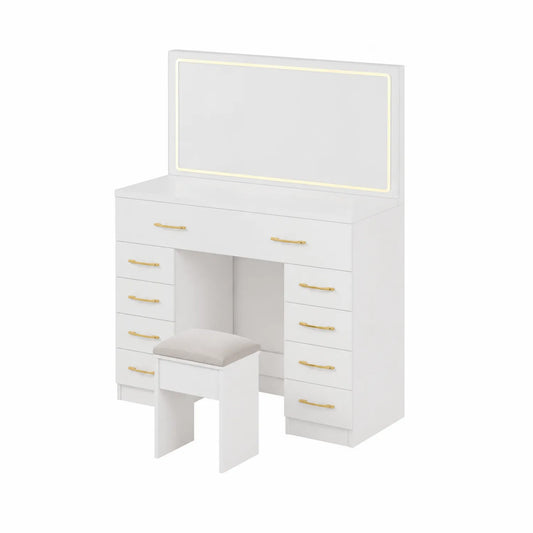 Toeletta con Specchio e Sgabello in MDF Bianco con Maniglie Oro