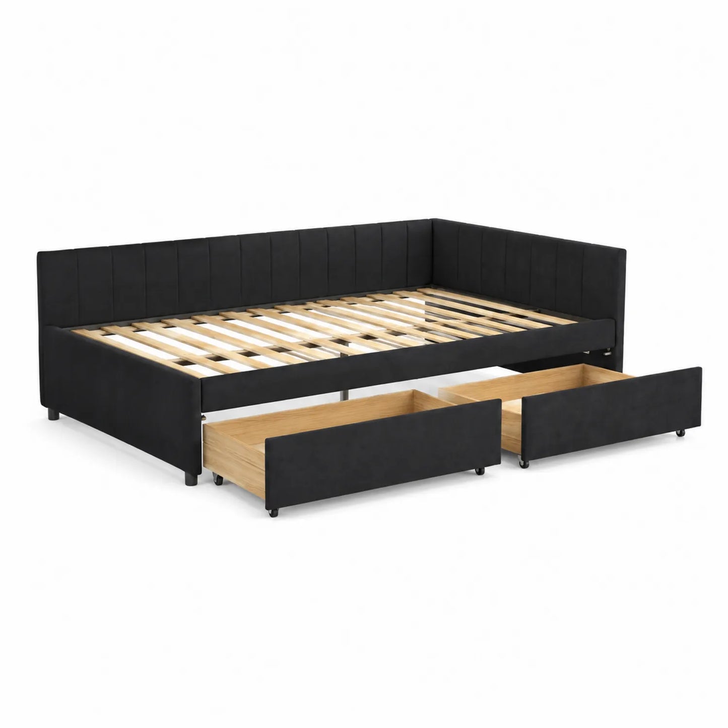 Letto angolare in legno e pelle sintetica nera con cassetti
