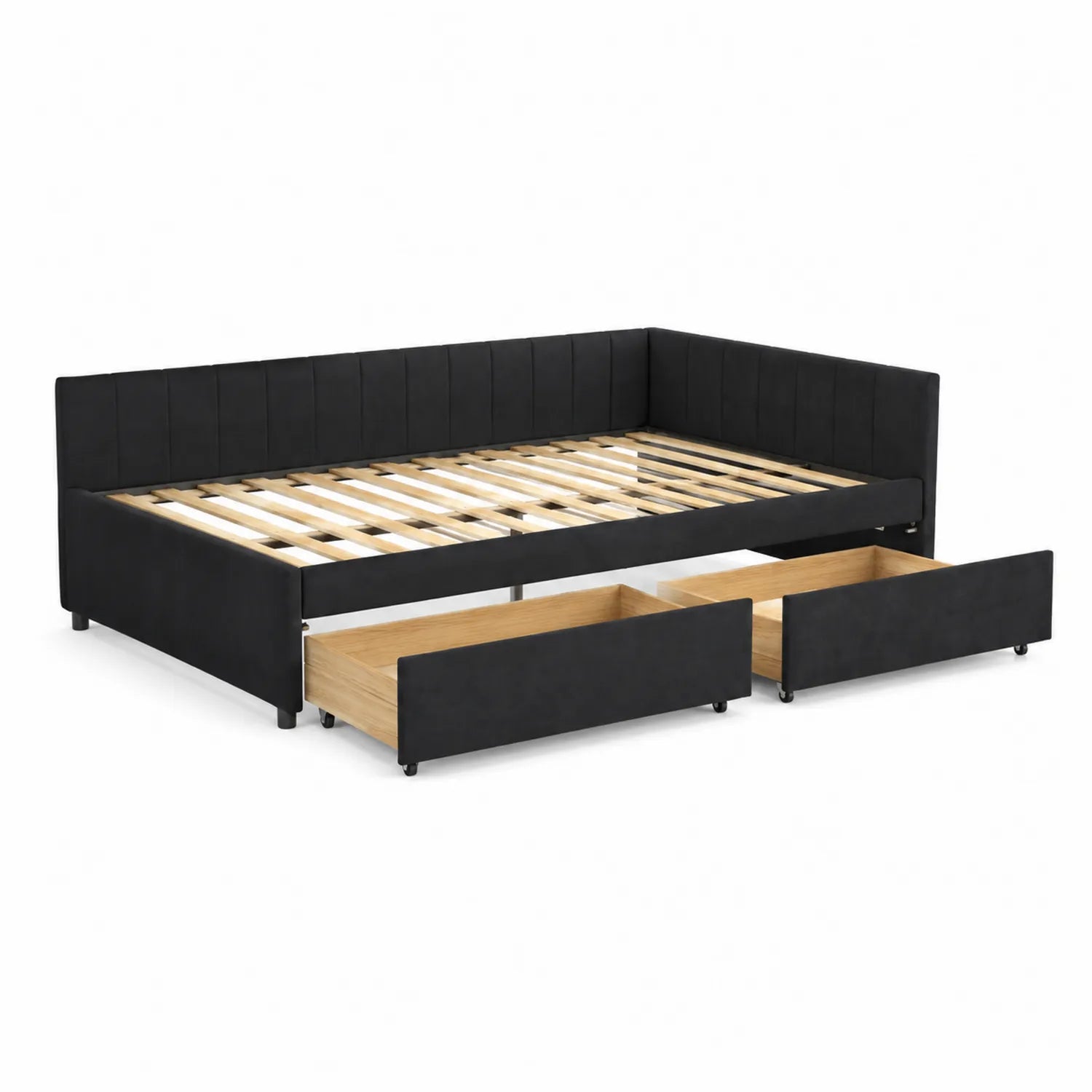 Letto angolare in legno e pelle sintetica nera con cassetti