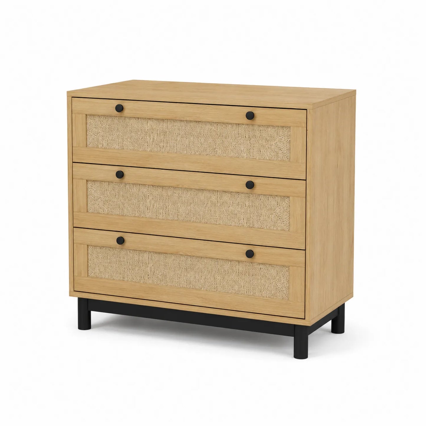 Cassettiera in Legno con Dettagli in Rattan e Gambe in Metallo