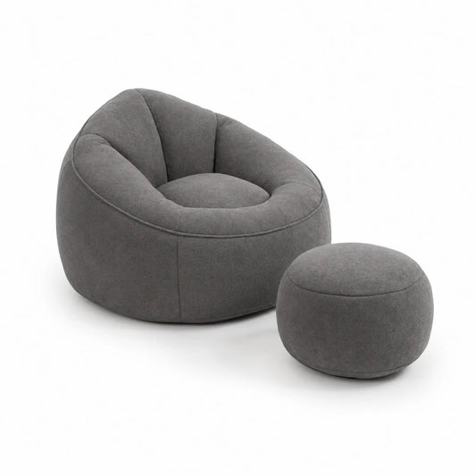 Set Poltrona e Pouf in Tessuto Grigio