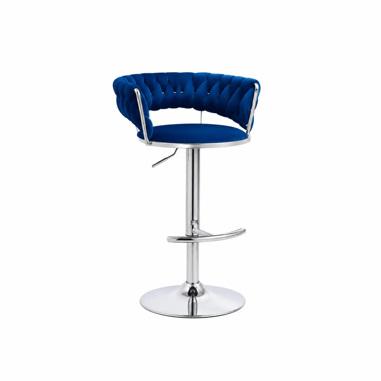 Sgabello regolabile in velluto blu e metallo cromato