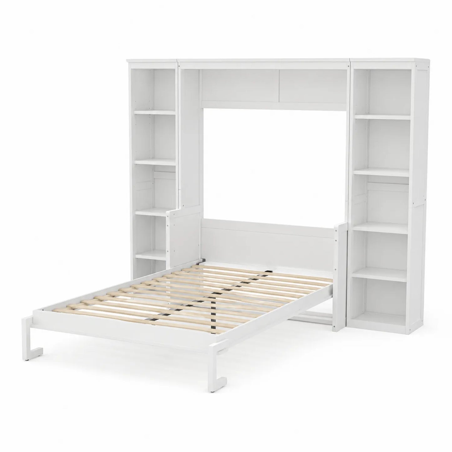 Letto matrimoniale in legno con scaffali integrati bianchi