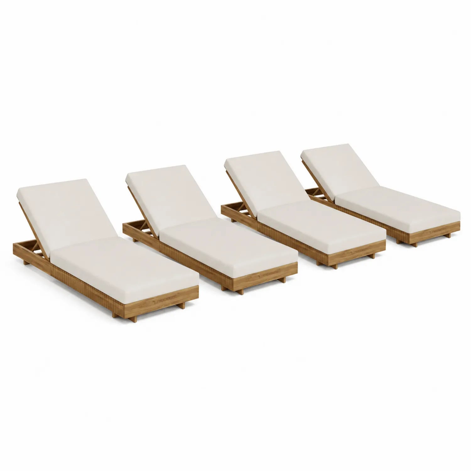 Set di 4 lettini in legno di teak con cuscini in poliestere bianchi