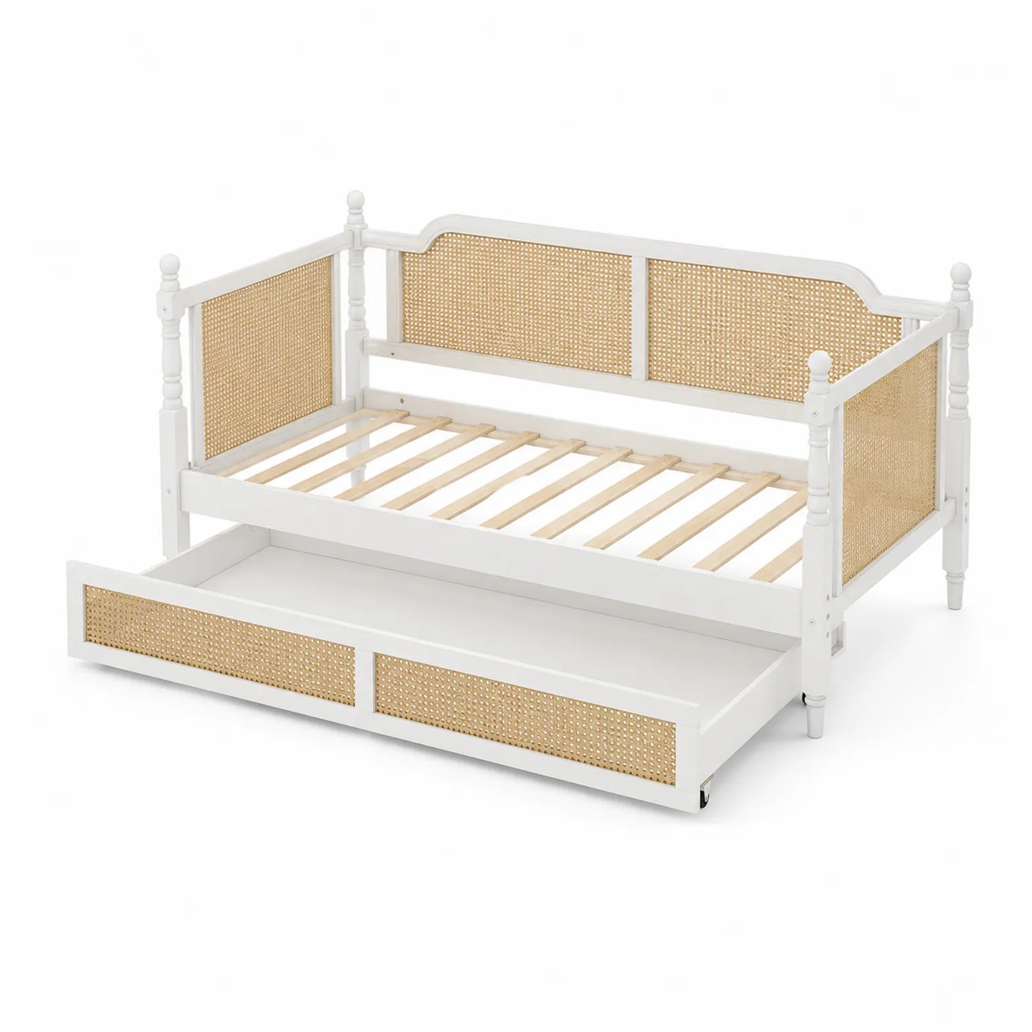 Letto in Legno e Rattan con Cassetto Estraibile