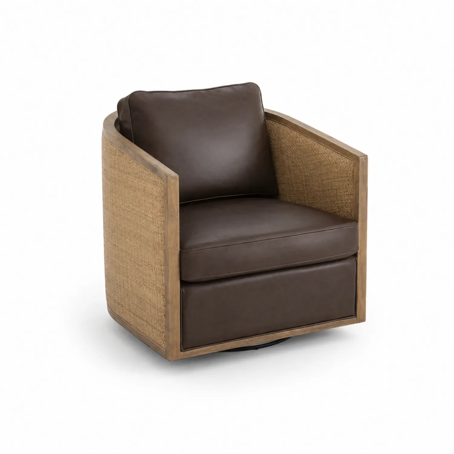 Poltrona girevole in legno e rattan con rivestimento in pelle