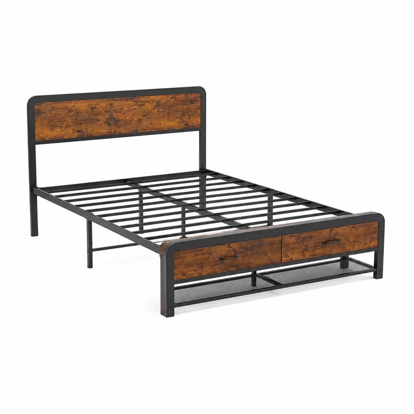 Letto matrimoniale in metallo e legno di pino con cassetti 196x142x101 cm