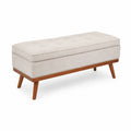 Panca in tessuto poliestere beige con gambe in legno massello