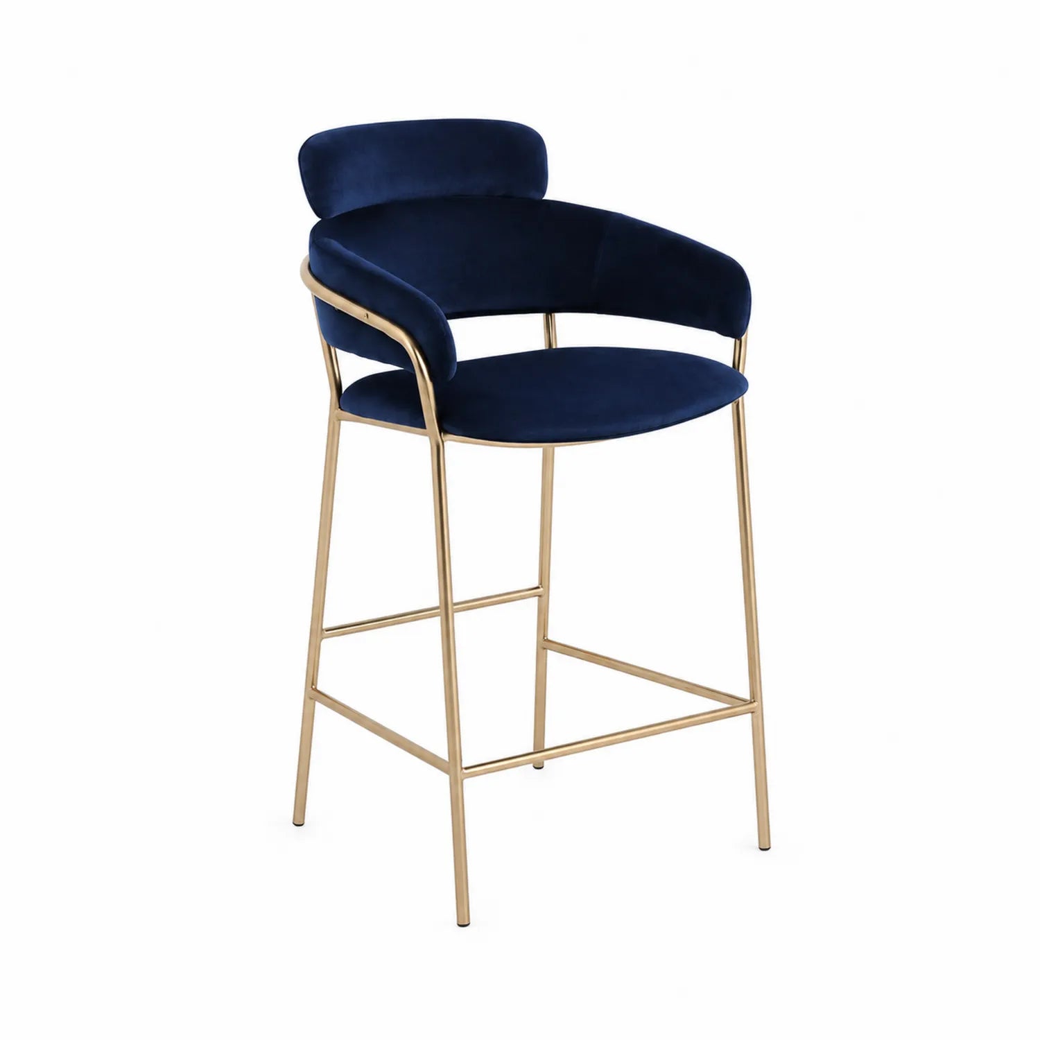 Sgabello da bar in velluto blu con struttura in metallo dorato