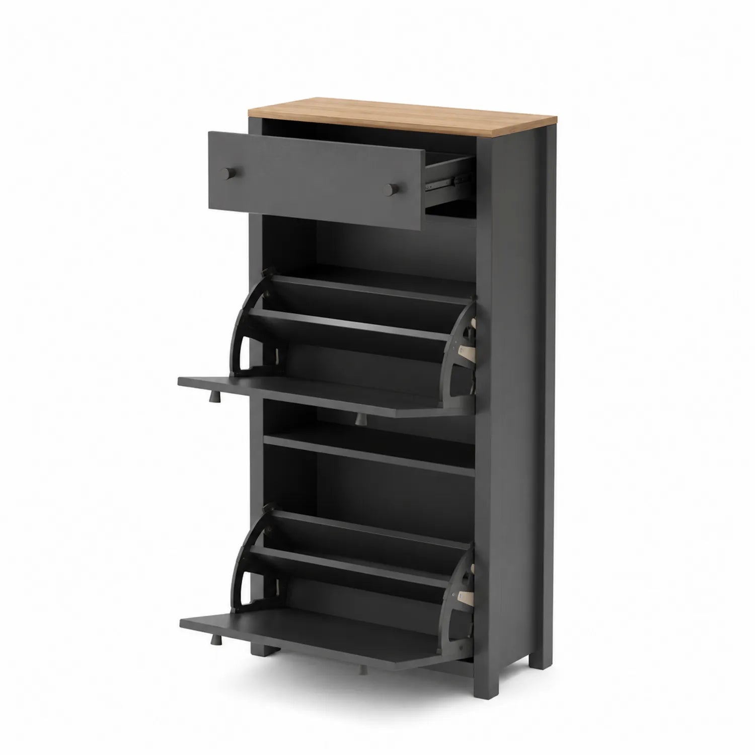 Scarpiera in MDF Verniciato Grigio con Cassetto e Ripiani Effetto Legno