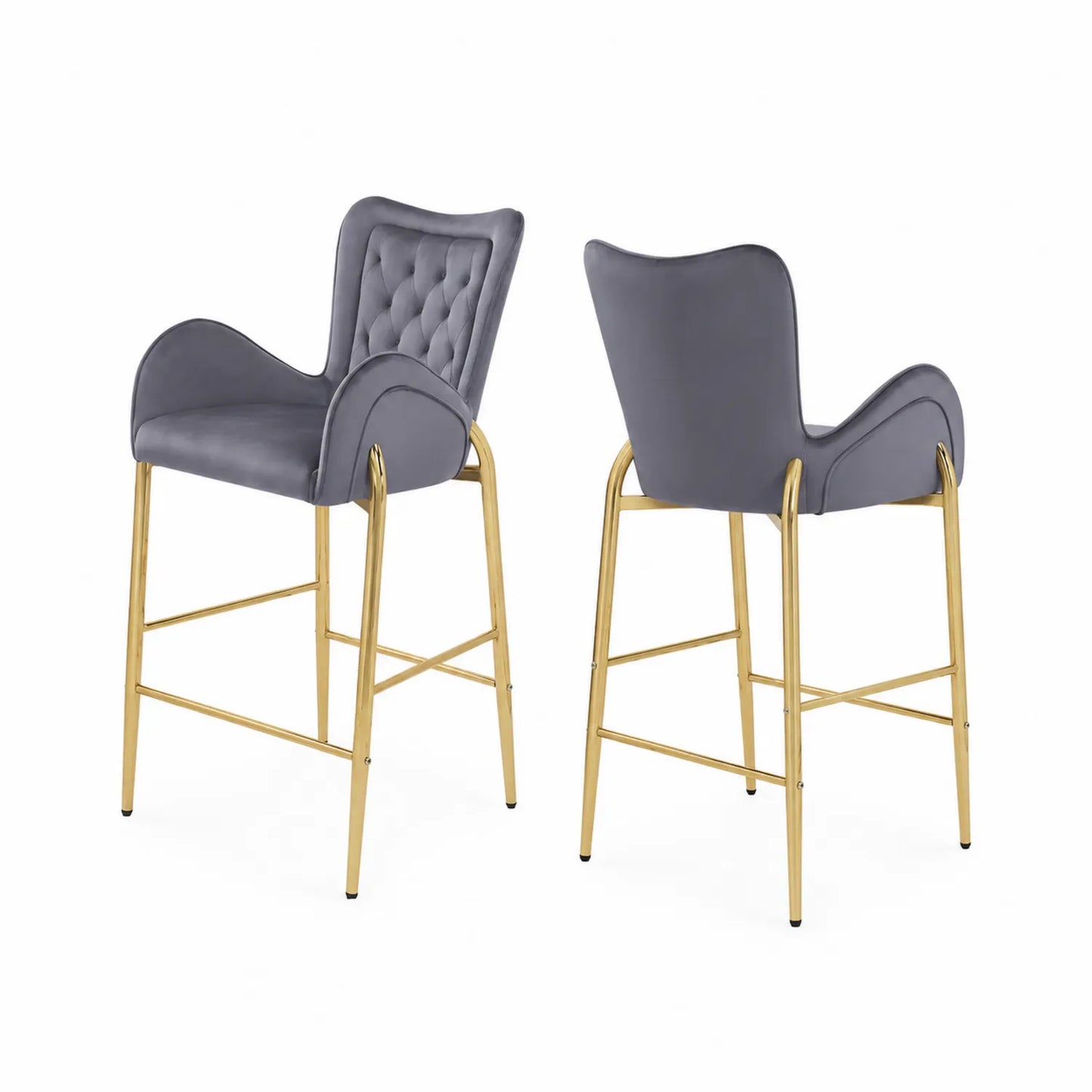 Set di sgabelli in velluto grigio con struttura in metallo dorato