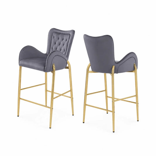 Set di sgabelli in velluto grigio con struttura in metallo dorato