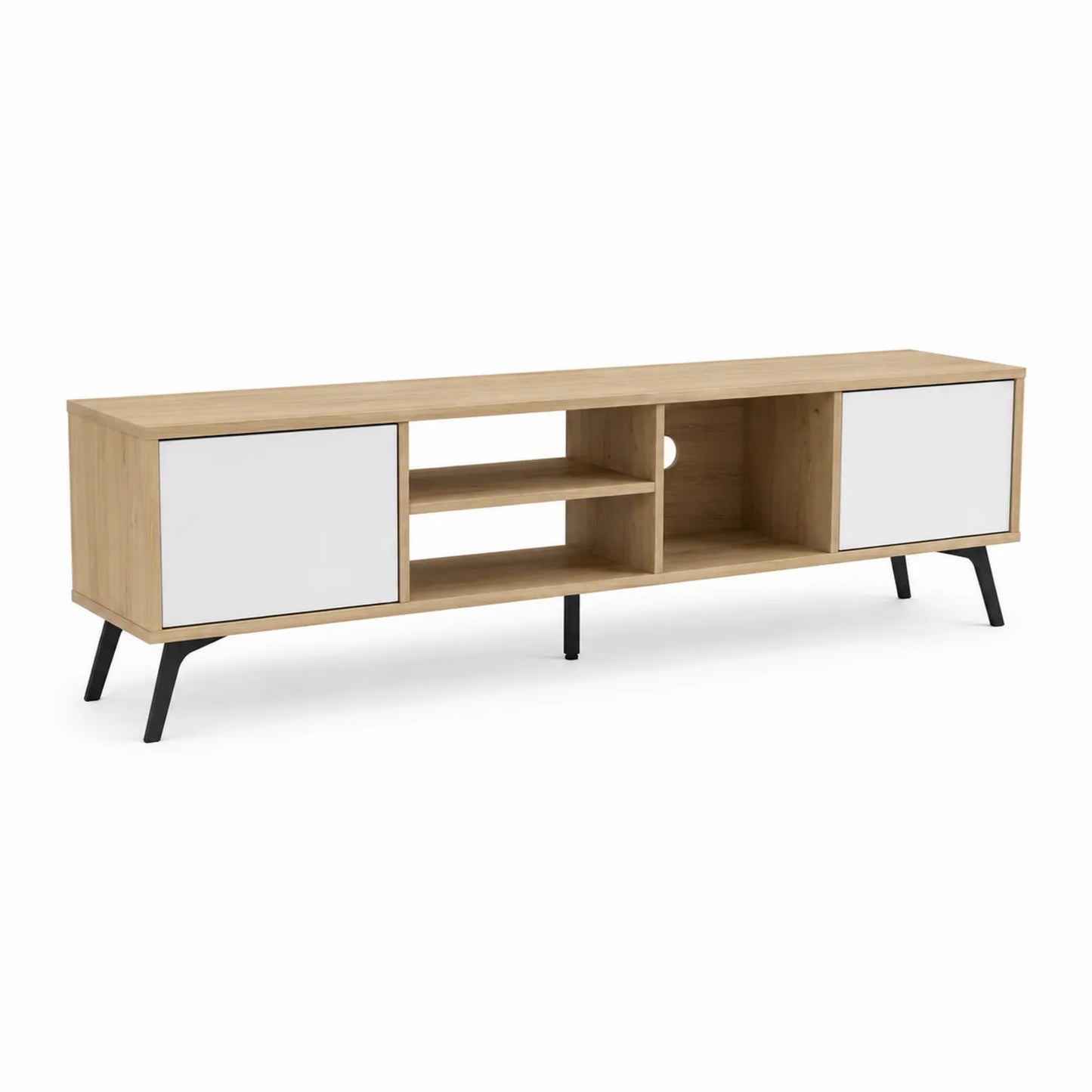 Mobile TV in Legno di Pino con Ante in MDF Bianco e Gambe in Metallo 180x40x50 cm