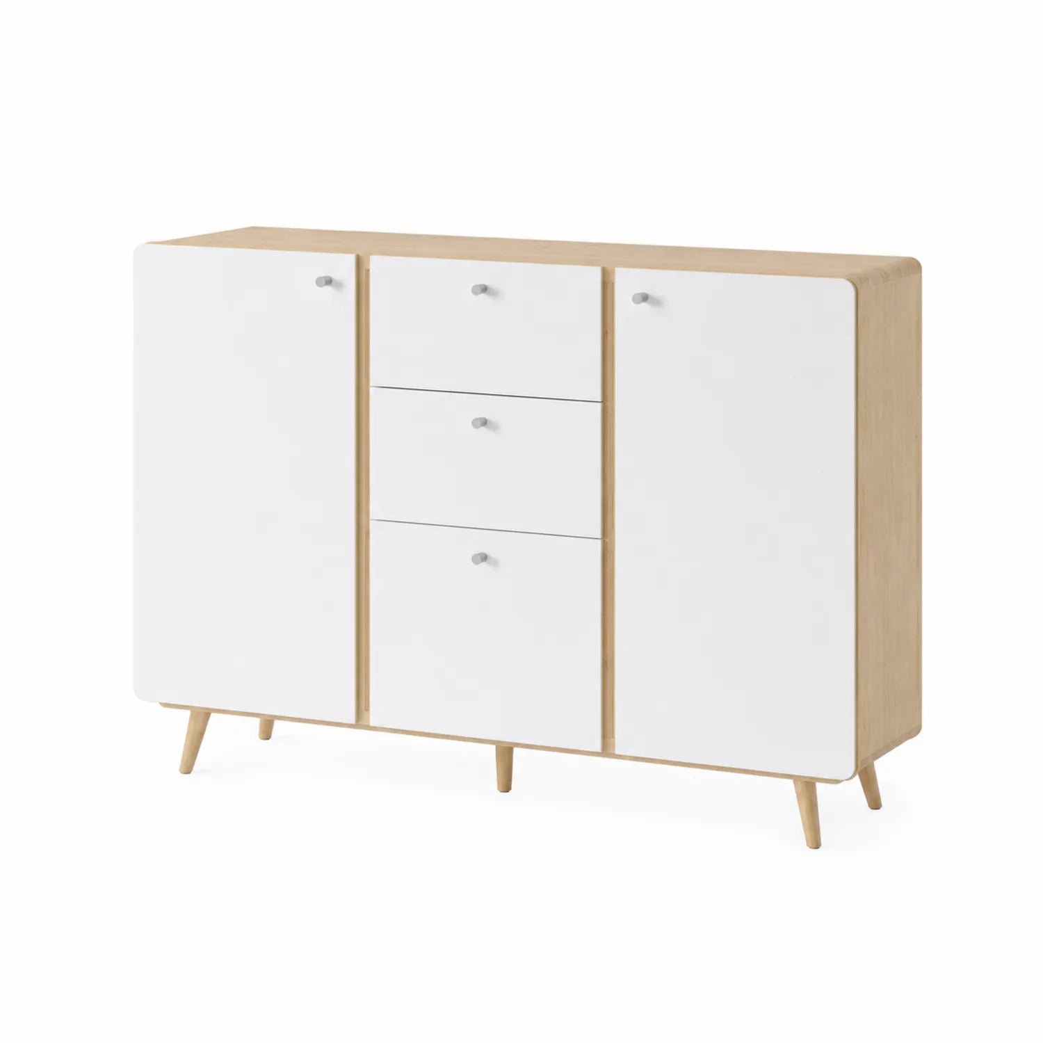 Credenza in Legno con 3 Cassetti e 2 Ante Bianco e Rovere