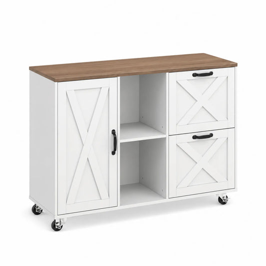 Credenza in MDF bianca con ripiano in legno e ruote