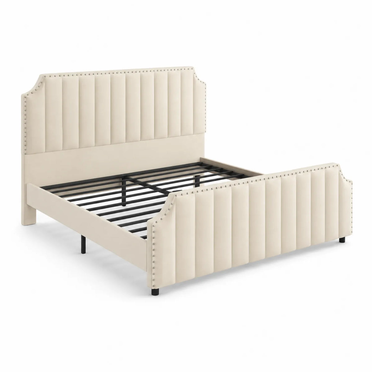 Letto matrimoniale in tessuto microfibra beige con struttura in metallo