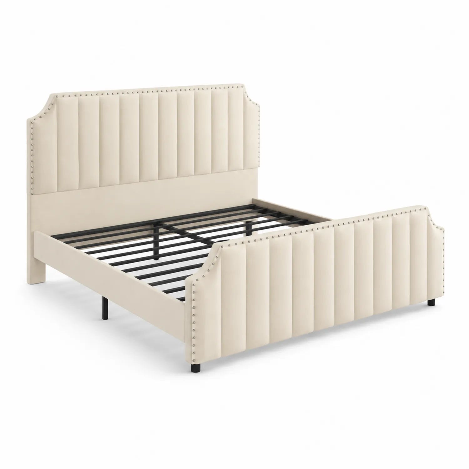 Letto matrimoniale in tessuto microfibra beige con struttura in metallo