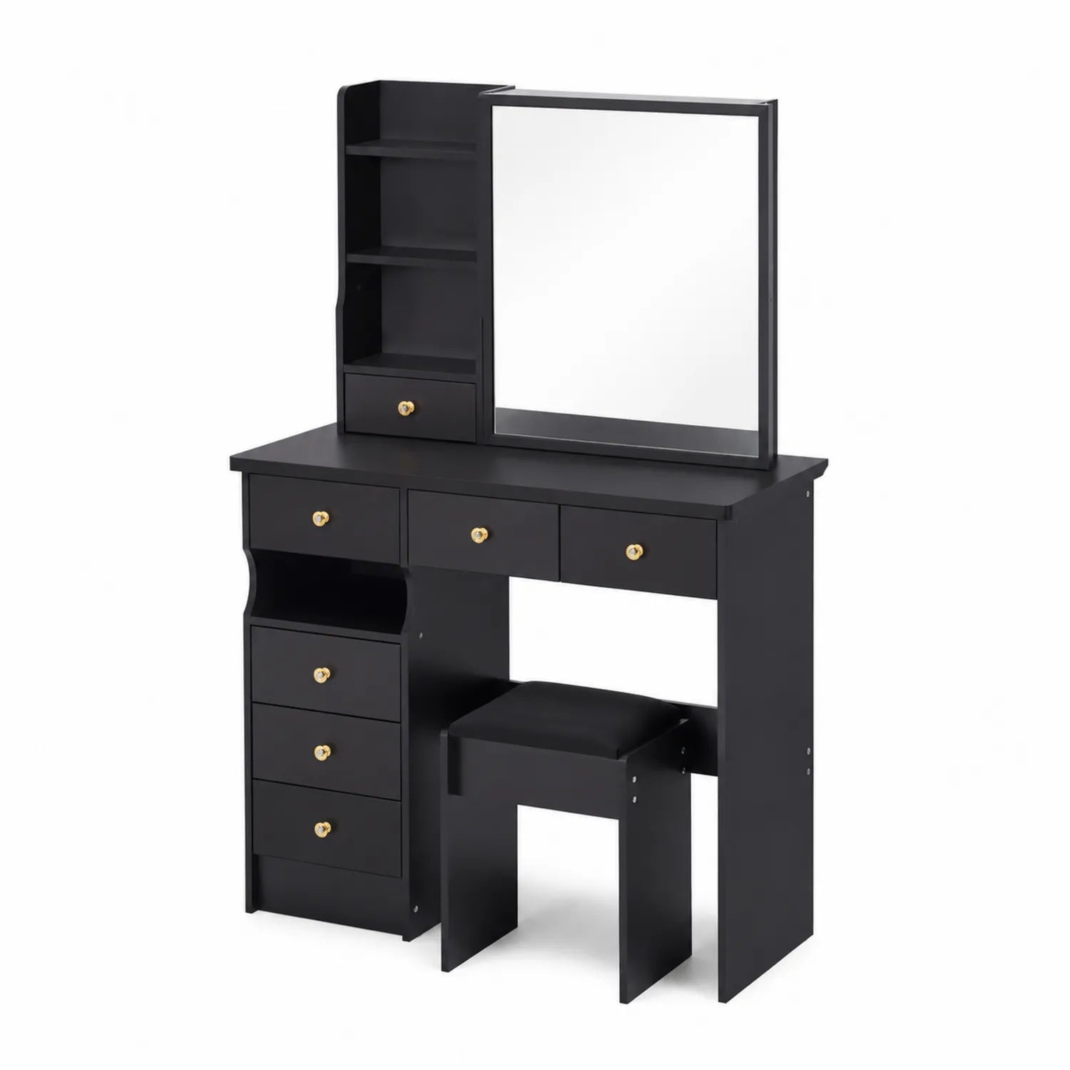 Toeletta con Specchio e Sgabello in Legno Nero