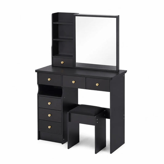Toeletta con Specchio e Sgabello in Legno Nero