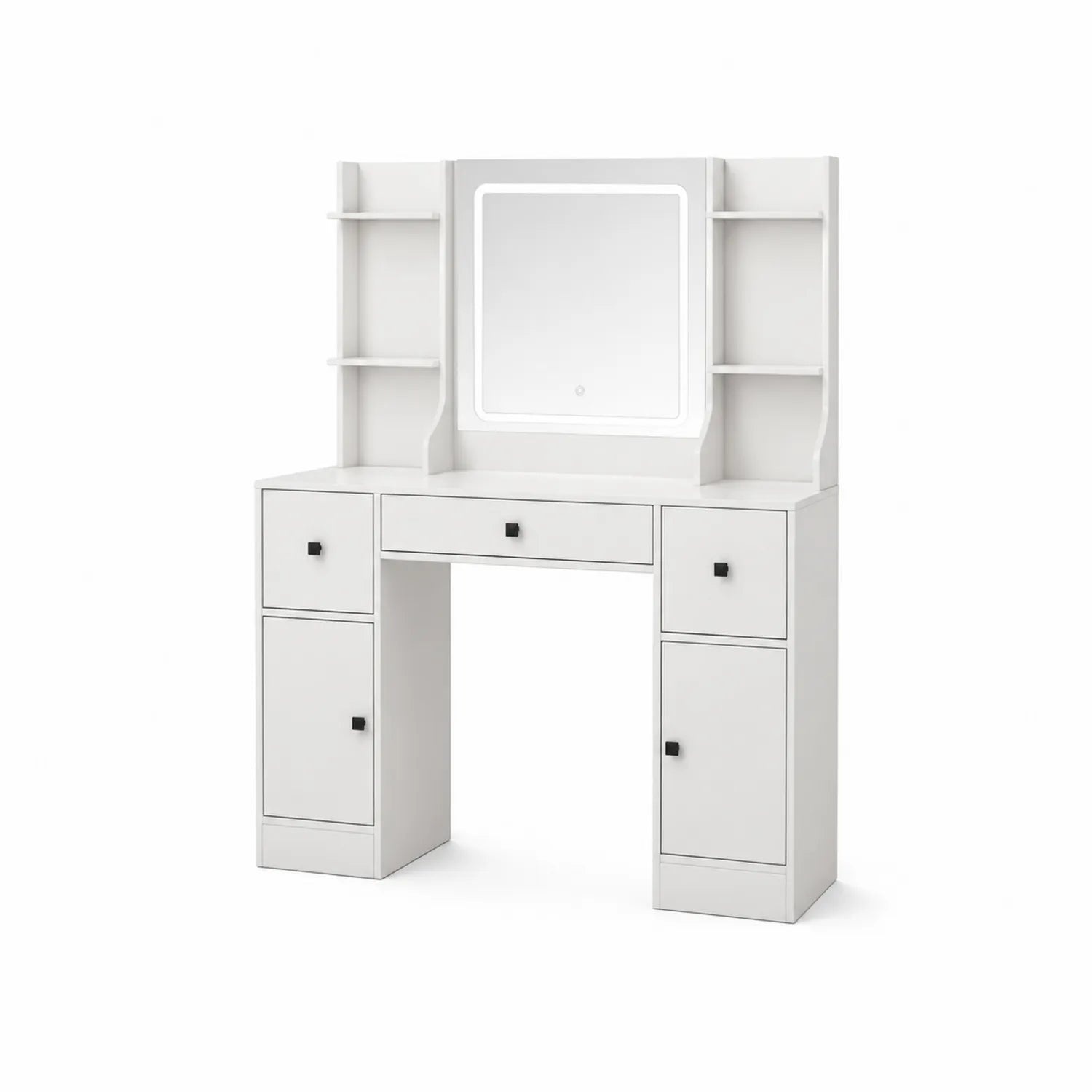 Toeletta in Legno Bianco con Specchio LED e Ripiani