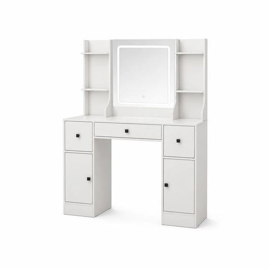 Toeletta in Legno Bianco con Specchio LED e Ripiani