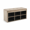 Panca contenitore in legno con scomparti e rivestimento in velluto beige