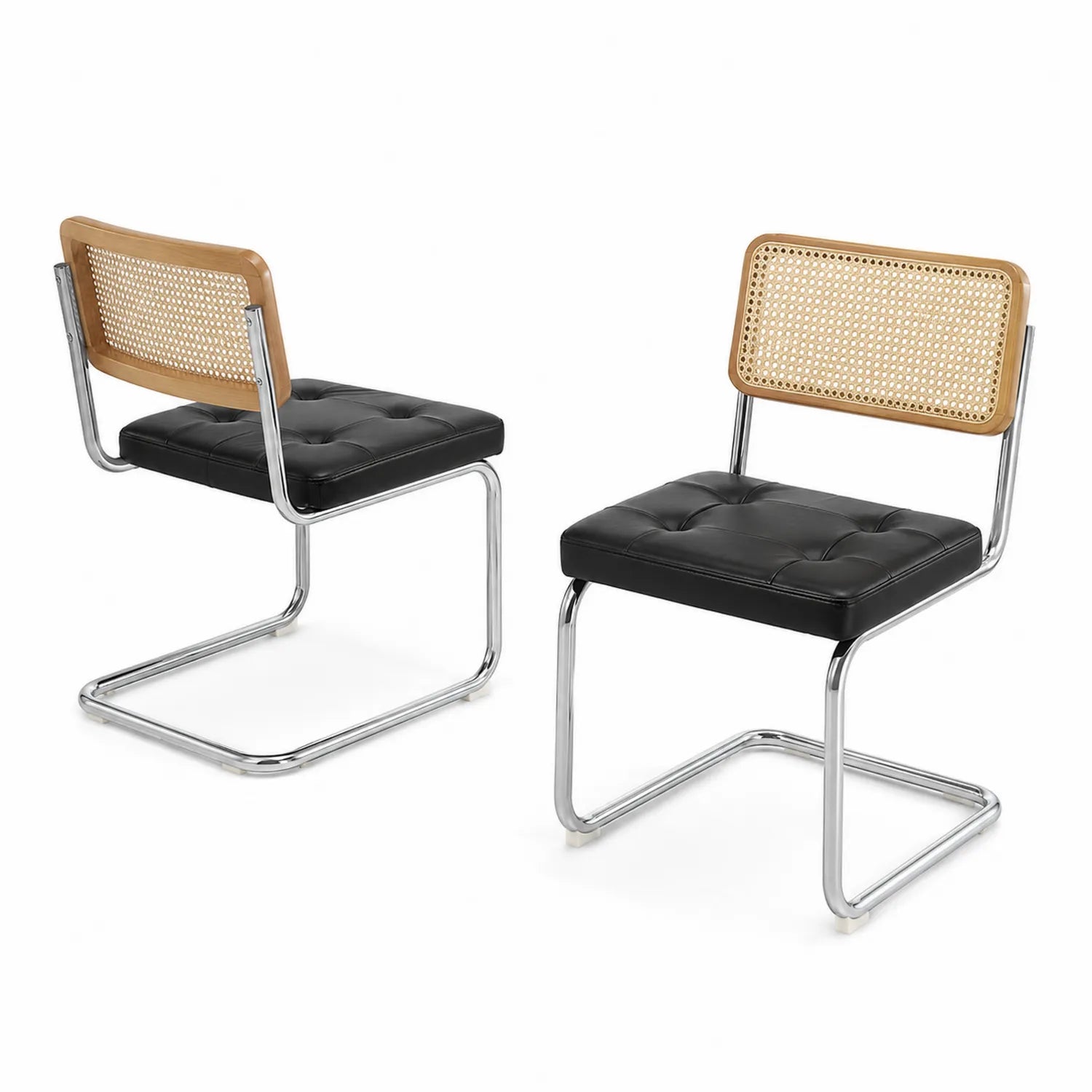 Set di 2 Sedie Cantilever in Metallo e Rattan Seduta in Pelle Nera