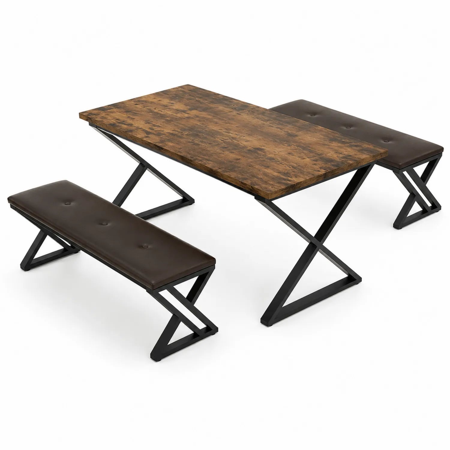 Set Tavolo da Pranzo con Panchine in Legno e Metallo