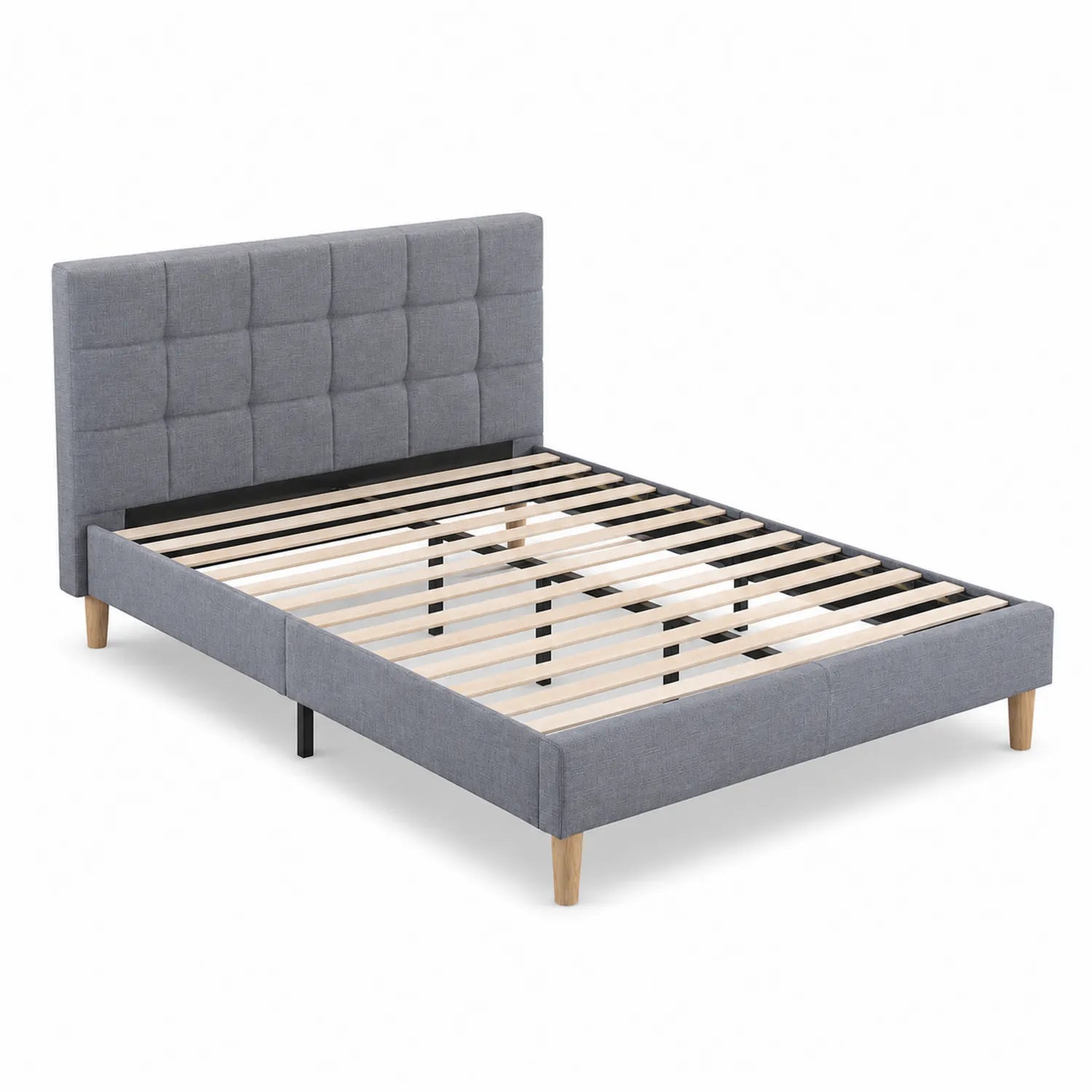 Letto matrimoniale con testiera imbottita in tessuto e legno