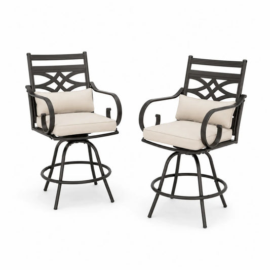Sedie Girevoli da Esterno in Metallo con Cuscini in Tessuto Beige