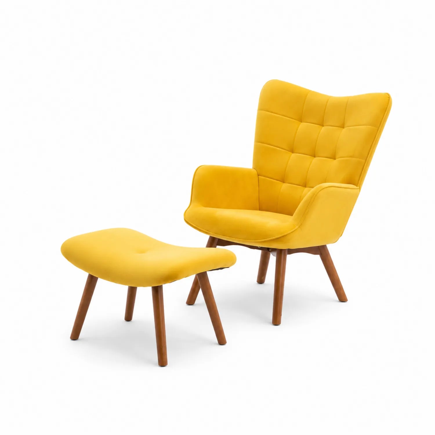 Set Poltrona e Poggiapiedi in Tessuto Poliestere Giallo con Gambe in Legno