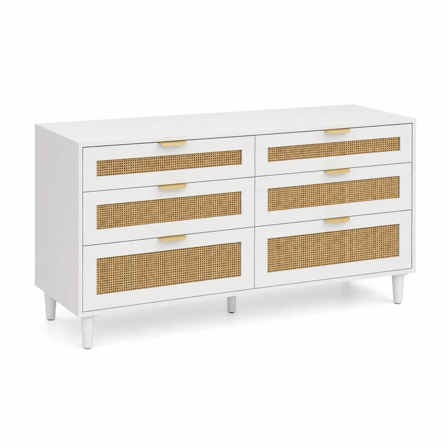 Cassettiera in Legno e Rattan Bianca con 6 Cassetti 140x40x80 cm