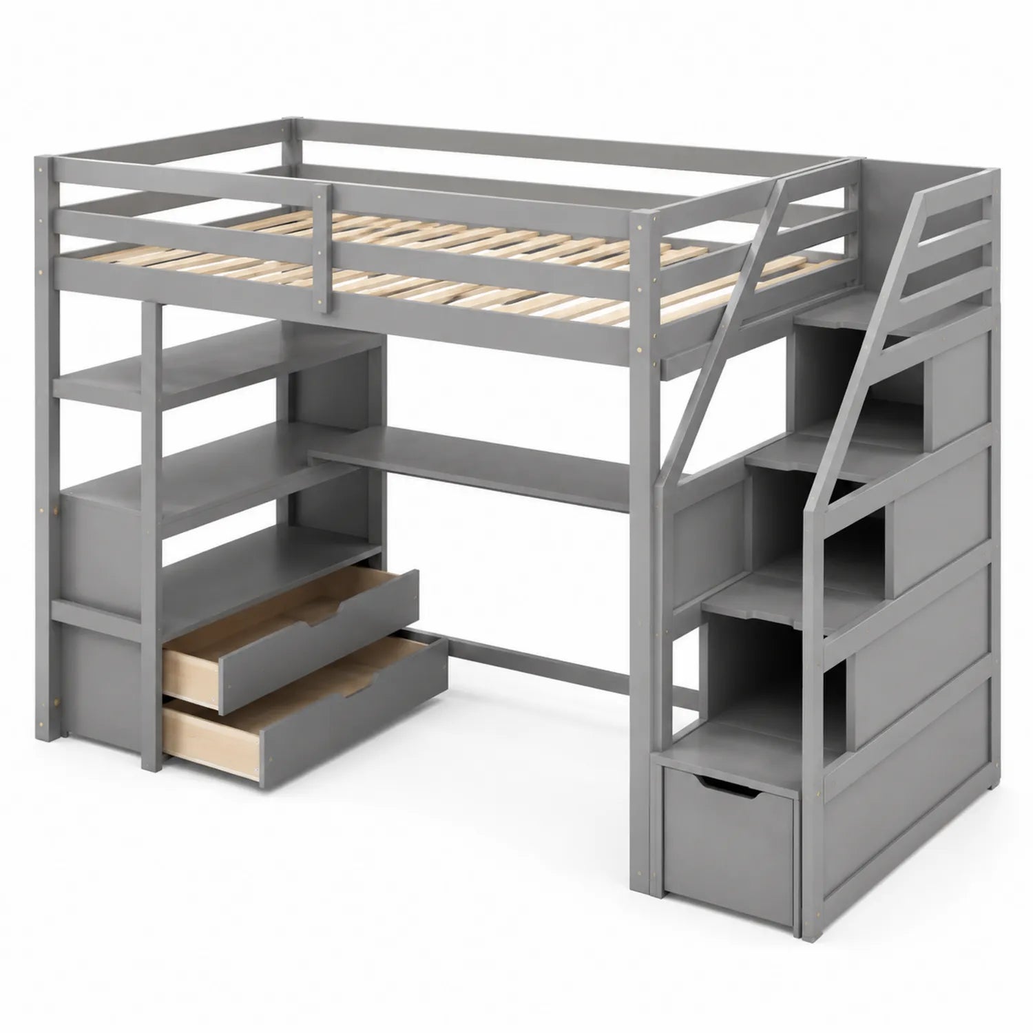 Letto a soppalco grigio con scala e ripiani in legno